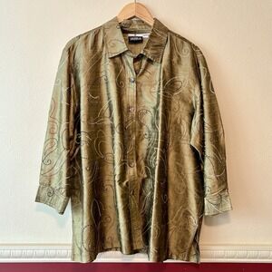 Yak Magik Silk Top Iridescent Gold Embroidered Blouse Size 1X Button‎ Up Vintage